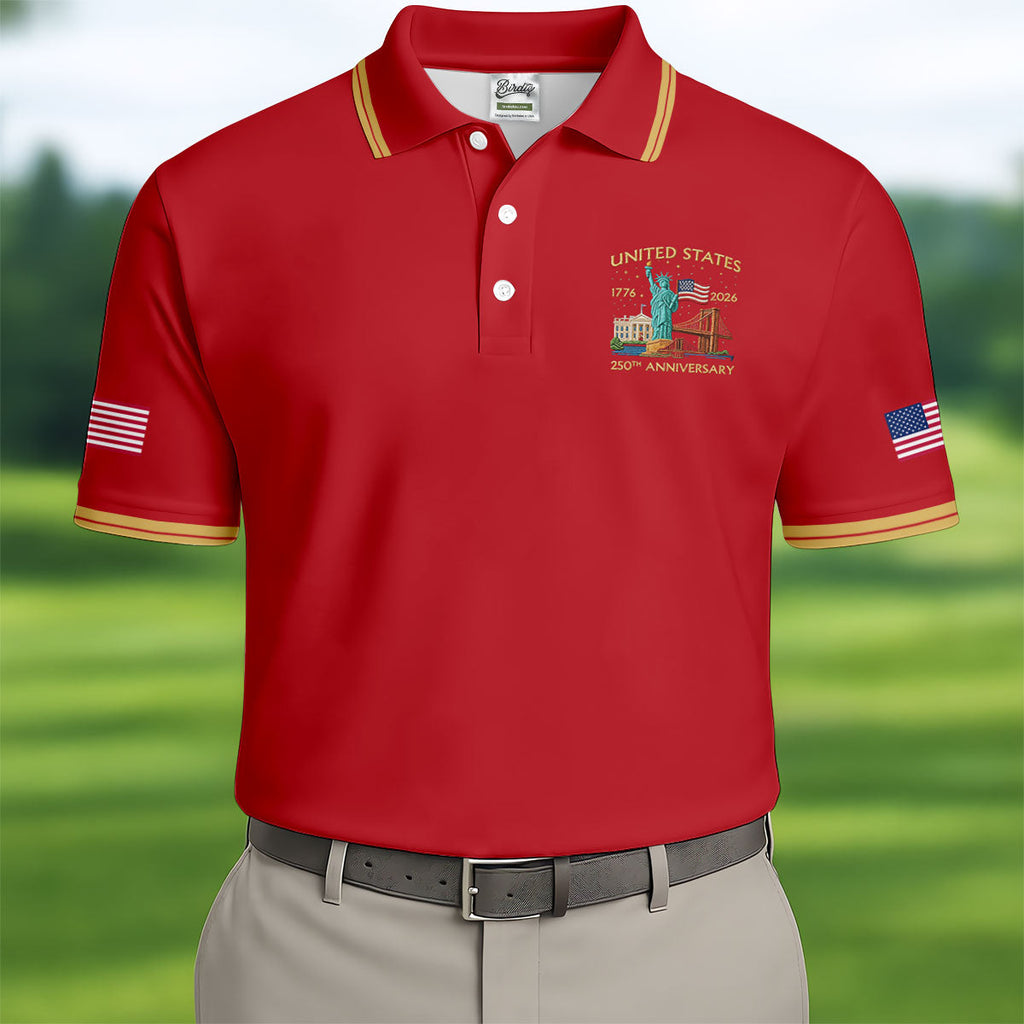 America 1776-2026 Patriotic Golf Polo Shirt, US 250th Anniversary 4th Of July Golf Shirts For Men