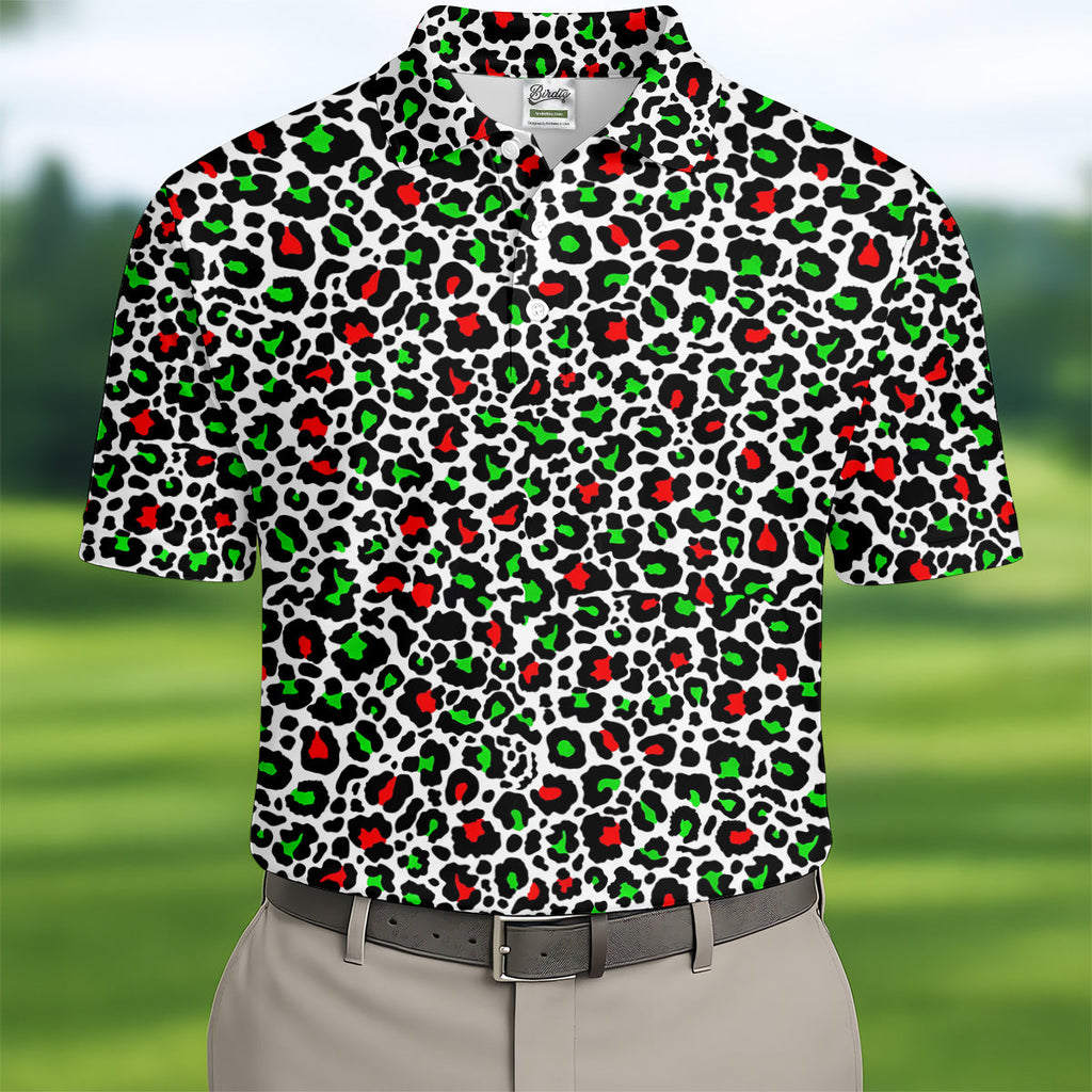 Leopard Pattern Xmas Pine Tree Green And Red Golf Tops For Men, Christmas Golf Shirt, Polo Shirts For Men