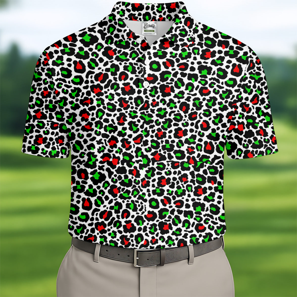 Leopard Pattern Xmas Pine Tree Green And Red Golf Tops For Men, Christmas Golf Shirt, Polo Shirts For Men