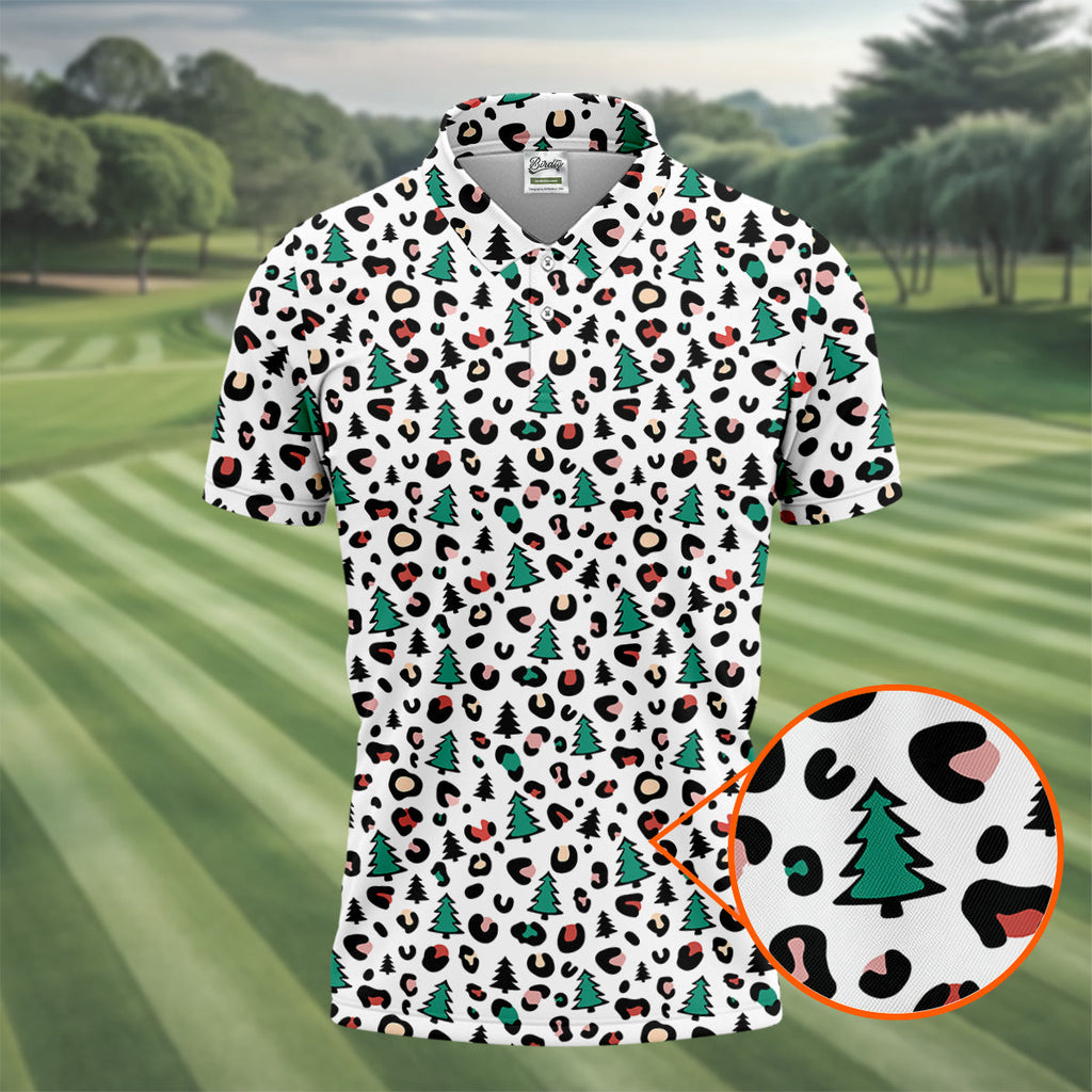 Leopard Pattern Xmas Pine Tree Golf Tops For Men, Christmas Golf Shirt, Cute Golf Outfit, Polo Shirts For Men