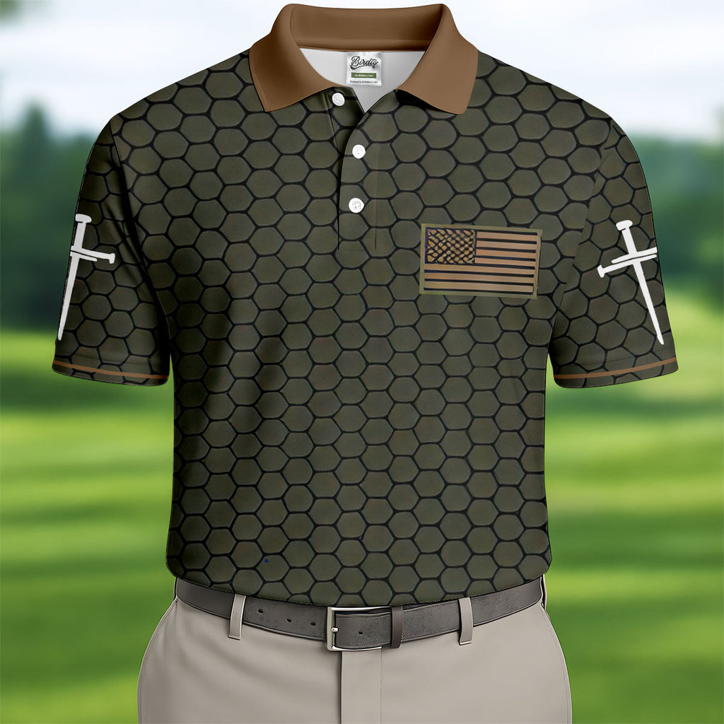 USA 250th Anniversary Patriotic Polo Men's Faith Cross And American Flag Print Polo ShirtOf July Shirt