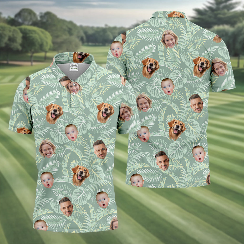 Tropical Leaf Pattern Mens Hawaiian Golf Shirts, Custom Team Shirt, Green Polo Shirt, Best Gifts For Men Golfers