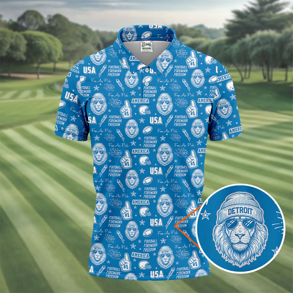 Cool Lion Football Freedom Blue Polo Shirt, American Football League Gift Ideas For Football Fans
