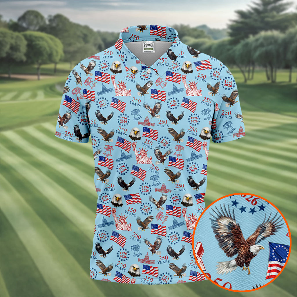 250 Years American Symbol Patriotic Pattern Blue Golf Shirt, 4th Of July Golf Shirt, Golf Shirts For Men