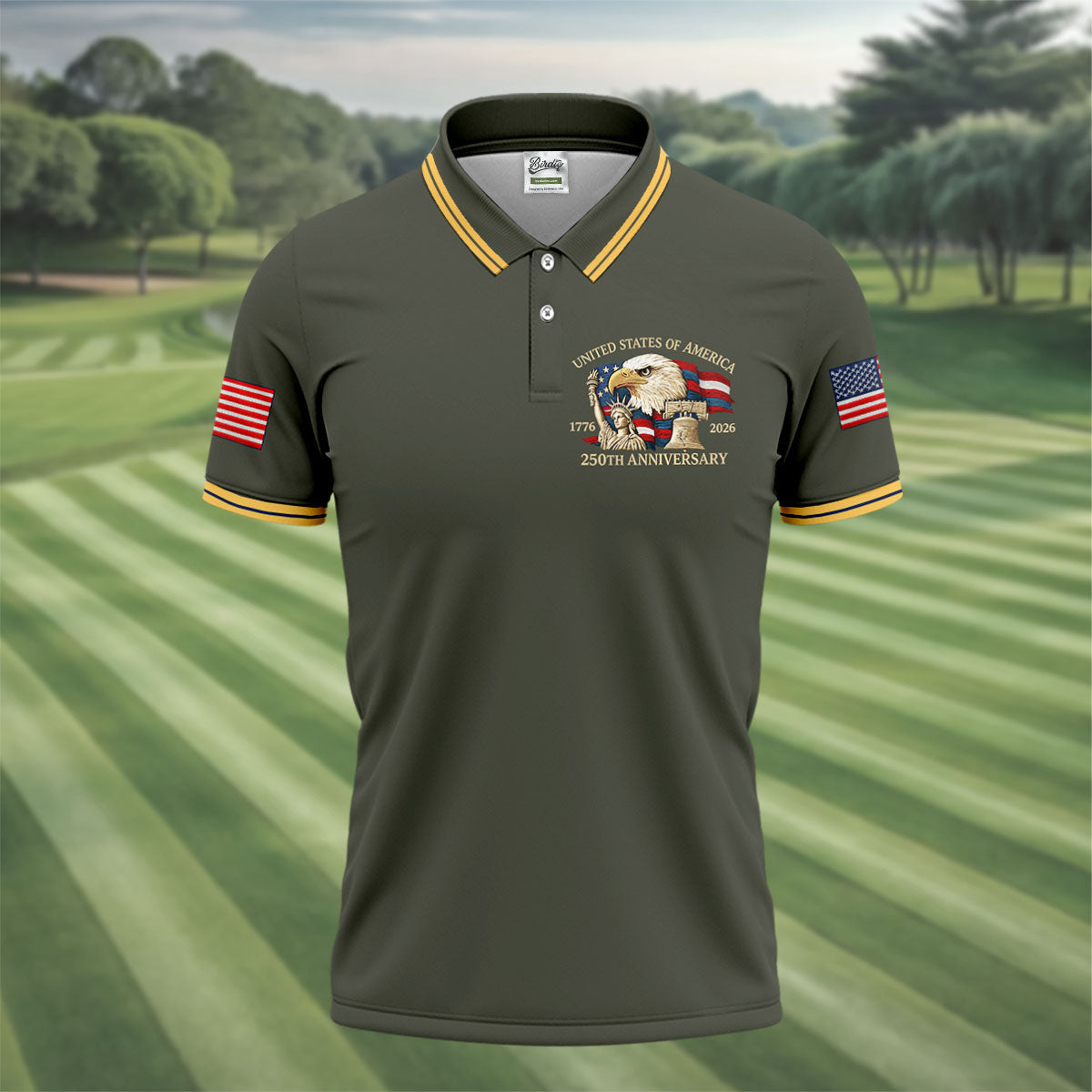 Bald Eagle American Flag 250 Years Green Golf Shirt, Patriotic 4th Of July Golf Shirts For Men