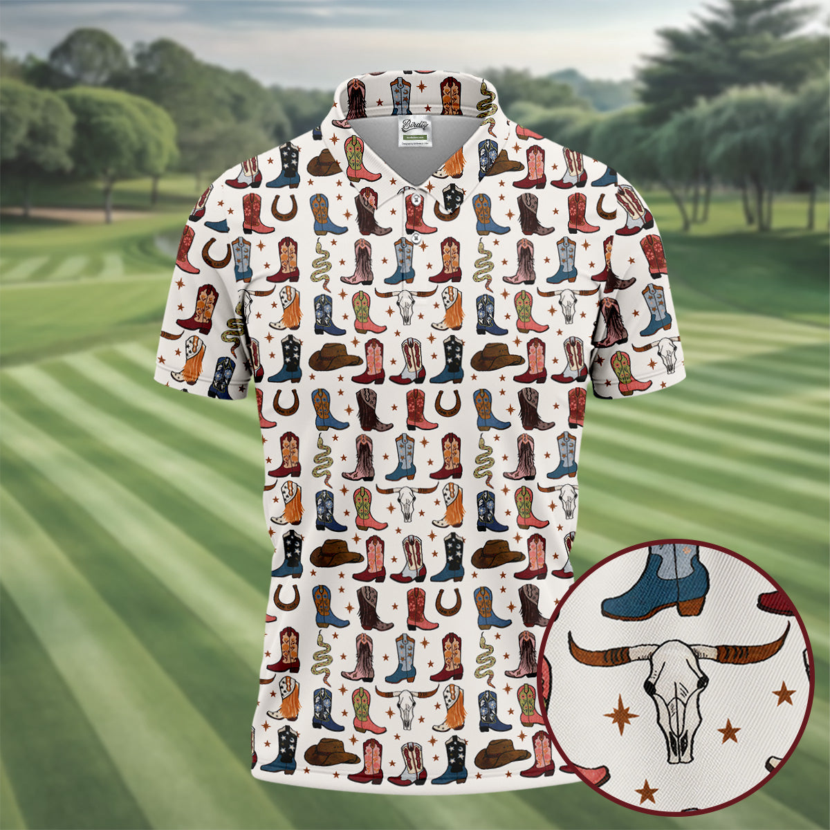 Western Cowboy Boots Horseshoes Pattern Retro Golf Shirt, Polo Shirts For Men, Golf Shirts For Men