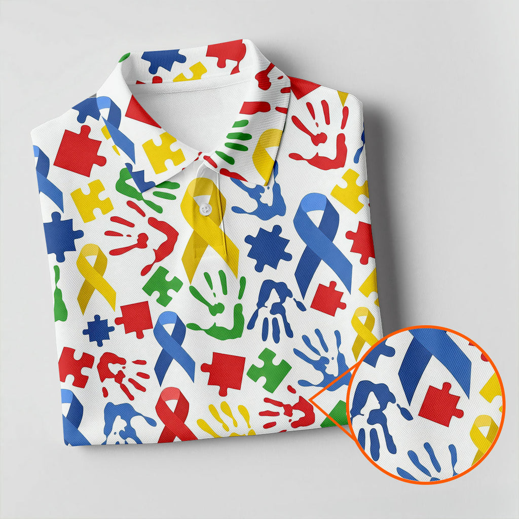 Autism Ribbon Colorful Puzzle Pieces Handprints Golf Tops For Men, Polo Shirts For Men, Golf Shirts For Men