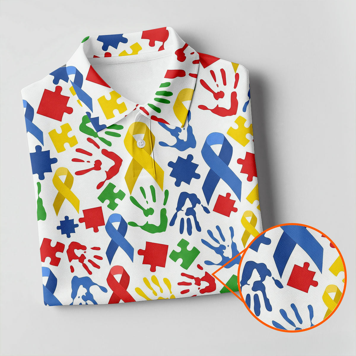 Autism Ribbon Colorful Puzzle Pieces Handprints Golf Tops For Men, Polo Shirts For Men, Golf Shirts For Men