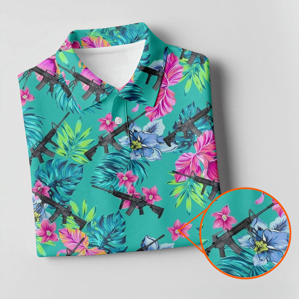 Hawaiian Floral With Army Theme Golf Shirts For Men, Polo Shirts For Men, Golfing Apparel