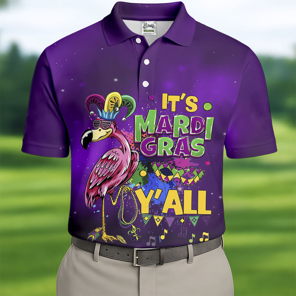 It's Mardi Gras Y'All Funny Flamingo Purple Golf Shirt, Polo Shirts For Men, Golf Shirts For Men