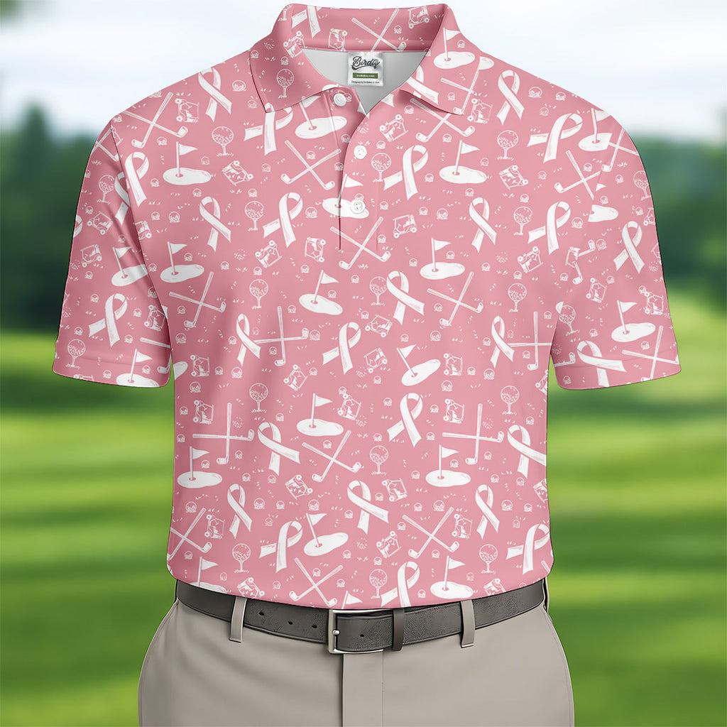 Awareness Ribbon Light Pink And White Golf Shirt, Cancer Awareness Shirt, Polo Shirts For Men