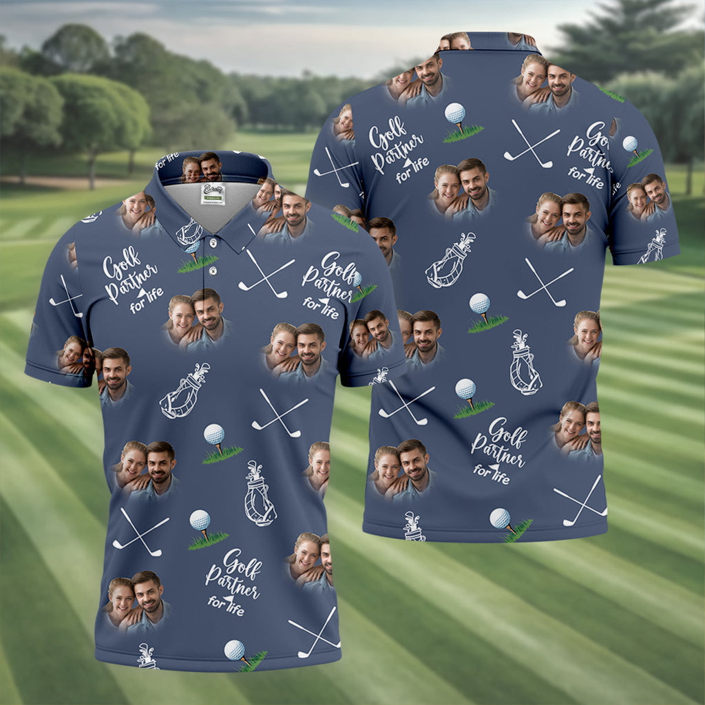 Golf Partner For Life Custom Photo Navy Golf Shirt, Valentines Golf Gift, Fun Golf Shirts For Men, Golf Gift For Men
