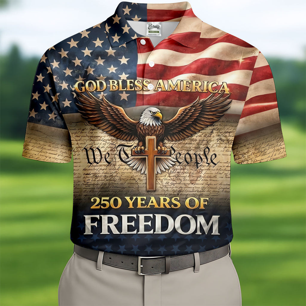 God Bless America 250 Years Of Freedom Retro Golf Shirt, Patriotic 4th Of July Golf Shirts For Men