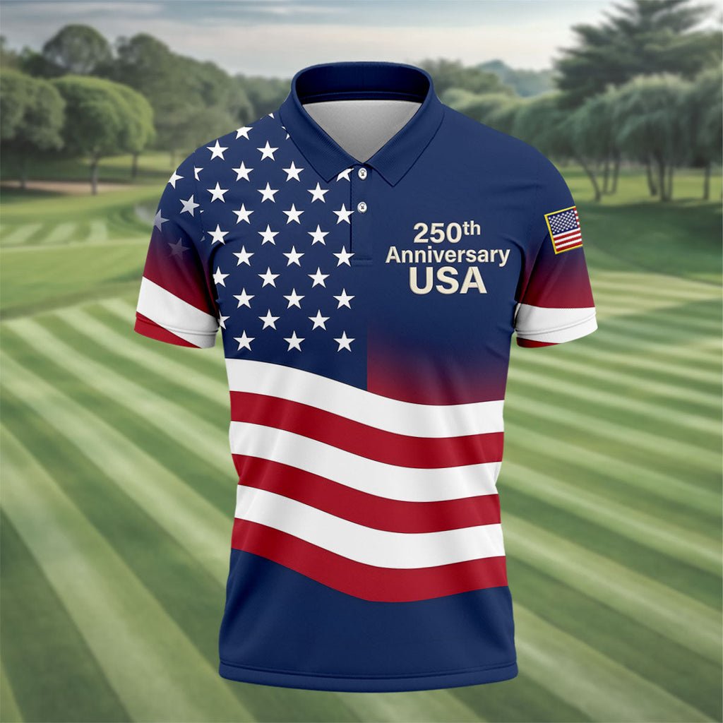 250th Anniversary USA Flag Pattern 4th Of July Golf Shirt, Patriotic Golf Shirt, Golf Shirts For Men