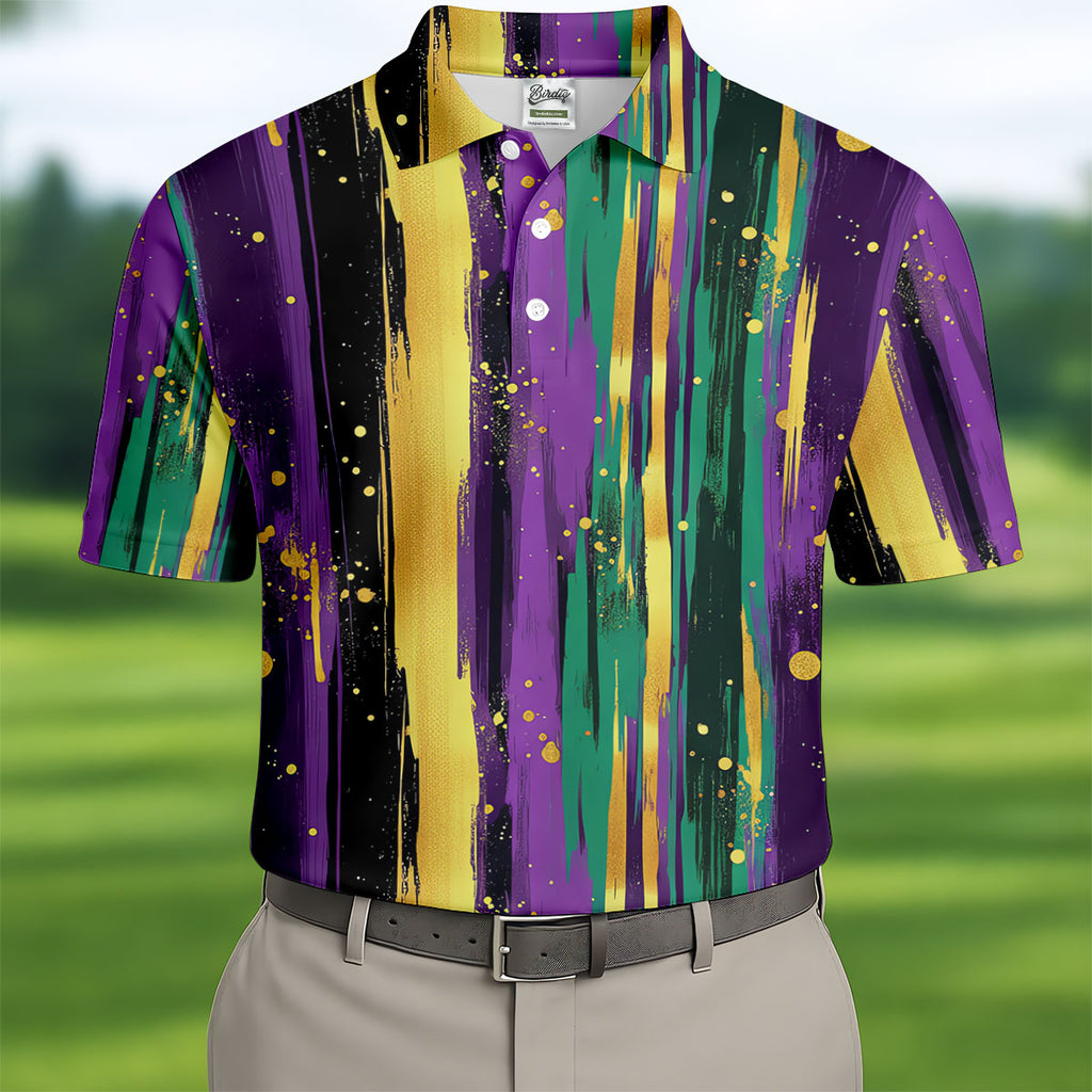 Green Purple Gold Splatter Effect Mardi Gras Golf Shirt, Polo Shirts For Men, Golf Shirts For Men