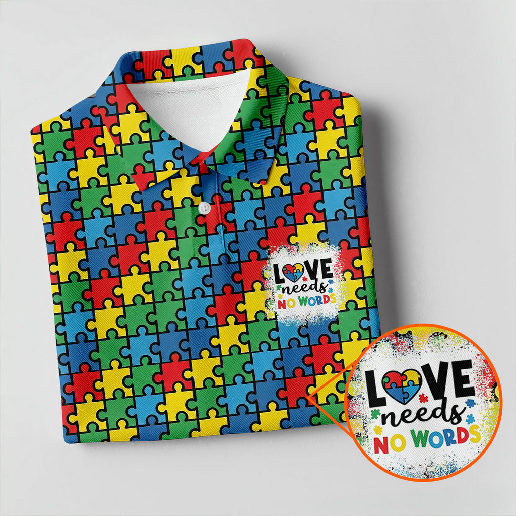 Love Needs No Words Autism Awareness Jigsaw Puzzle Pieces Men's Golf Shirt, Polo Shirts For Men