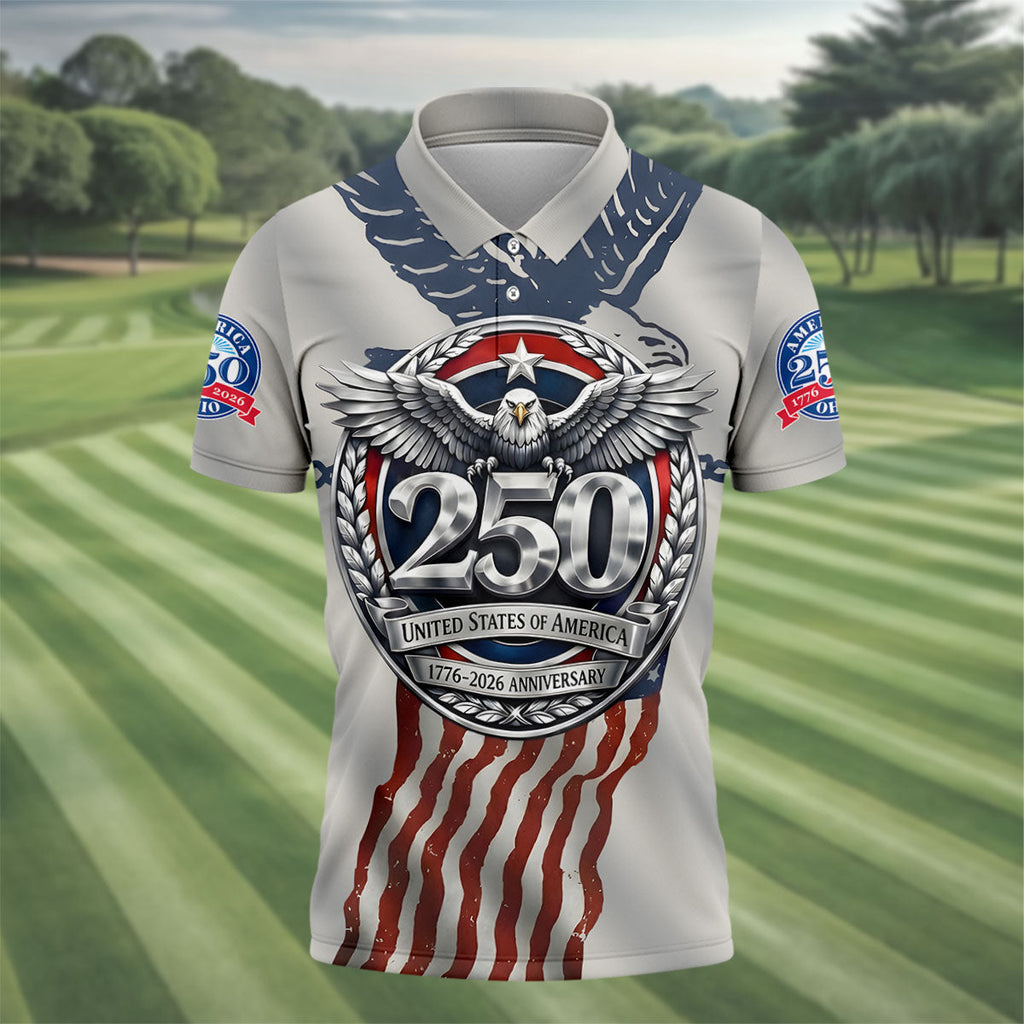 250 US 1776-2026 Anniversary Silver Print Golf Tops For Men, Patriotic 4th Of July Golf Shirts For Men