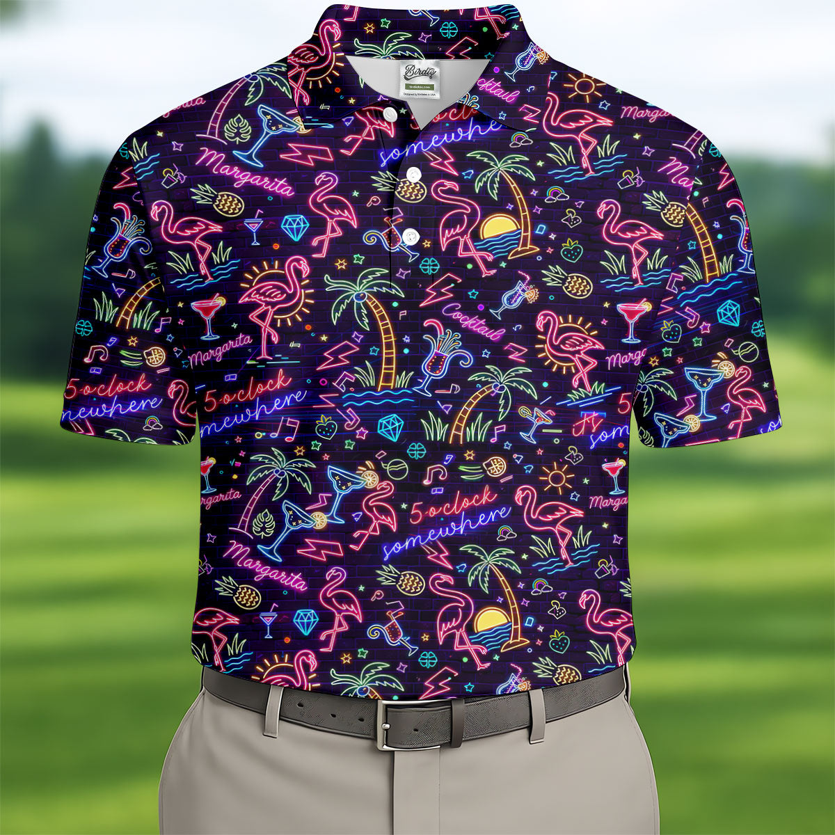 Tropical Theme Neon Pattern Black Golf Shirt, Men's Funny Golf Shirts, Polo Shirts For Men
