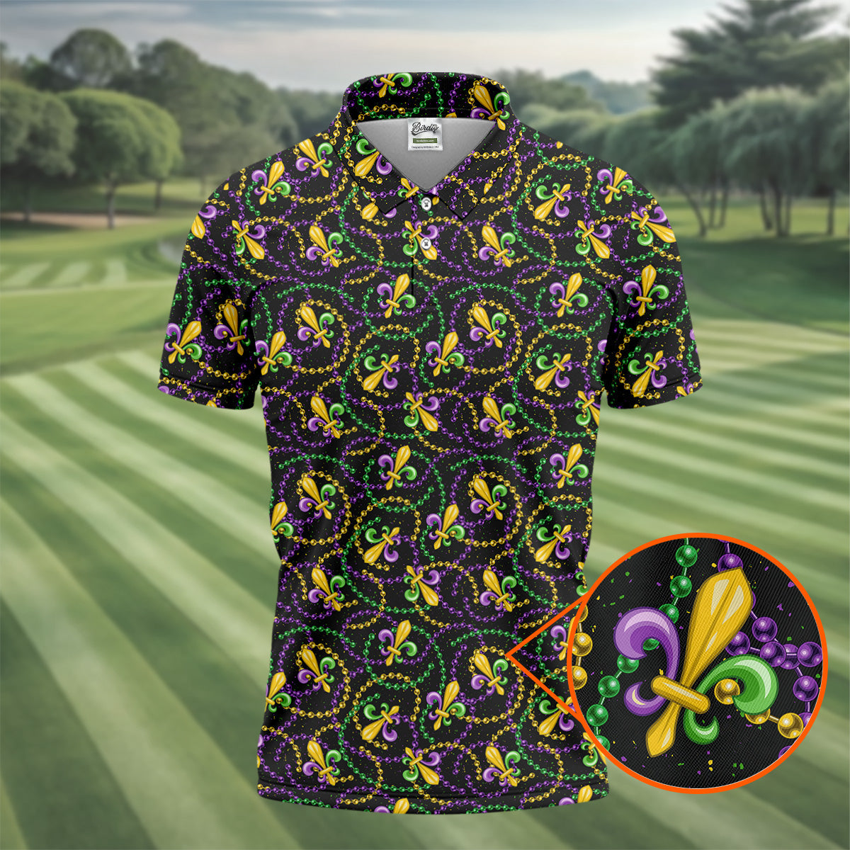Mardi Gras Beads Purple Green Gold Fleur De Lis Golf Tops For Men, Golf Shirts For Men, Polo ShirtFor Men
