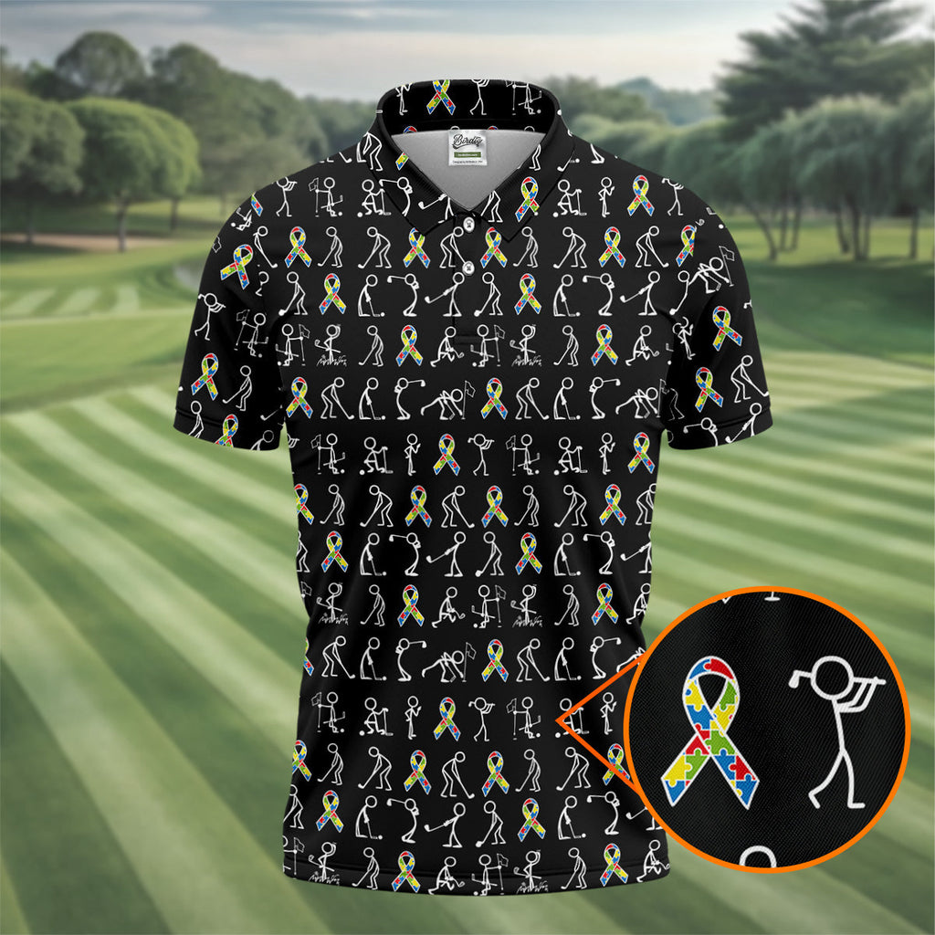 Stick Figure Golf Pose Autism Ribbon Black Golf Shirt, Autism Awareness Colors Golf Shirts For Men