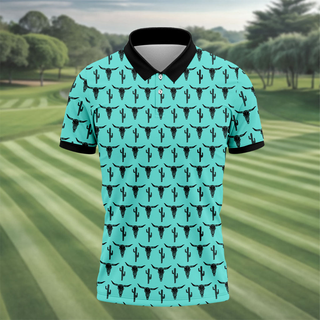 Longhorn Cow Skull Western Theme Peacock Blue Golf Tops For Men, Polo Shirts For Men, Golf Shirts For Men