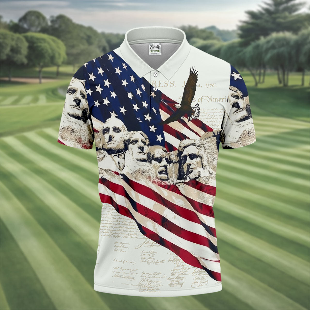 Mount Rushmore American Flag Pattern 4th Of July Patriotic Golf Shirt, 250th Anniversary Golf Shirts For Men