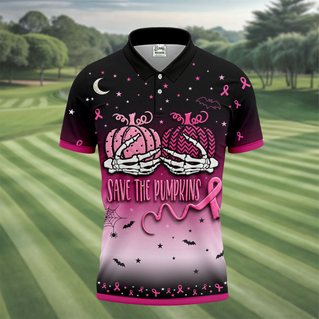 Save The Pumpkins Halloween Breast Cancer Golf Polo Shirt, Golf Apparel For Men