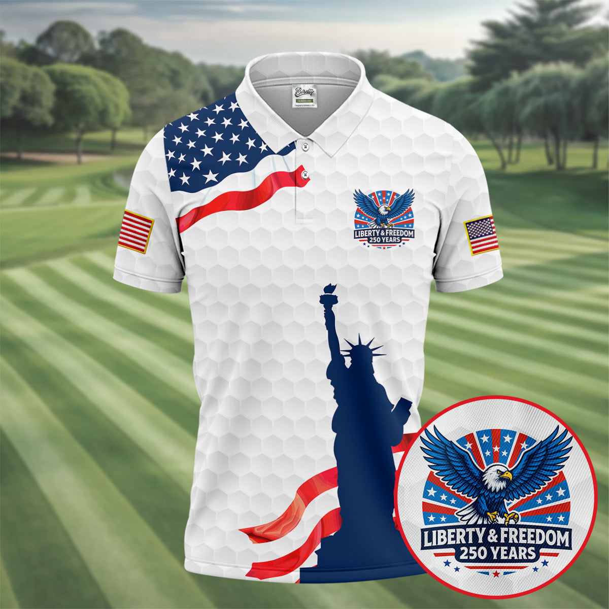 Liberty And Freedom 250 Years Golf Ball Pattern Patriotic Golf Shirt, 4th Of July Polo Shirts For Men