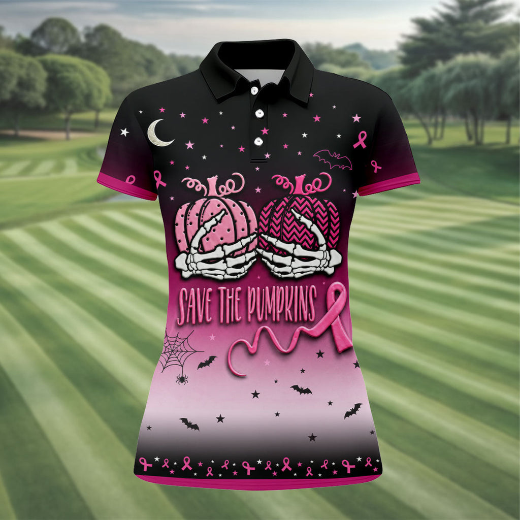 Save The Pumpkins Halloween Breast Cancer Golf Polo Shirt, Ladies Golf Shirts