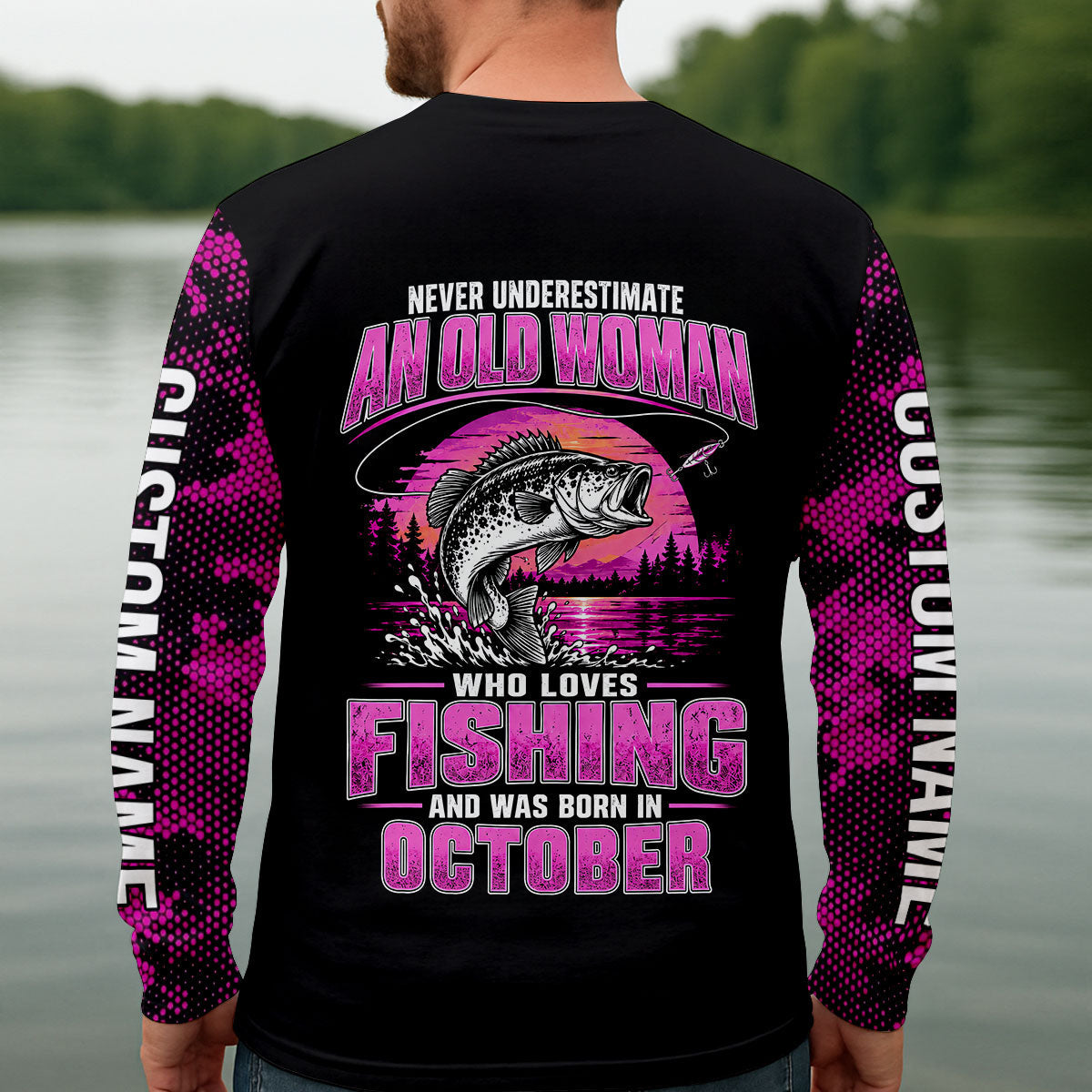 Never Underestimate An Old October Fishing Woman UPF Shirt, Mens Fishing Shirt