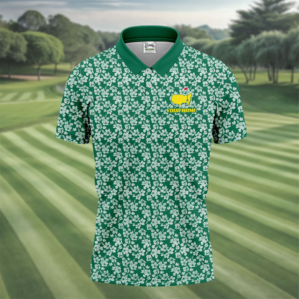 Floral Silhouette Green And White Golf Tops For Men, Golf Shirts For Men, Polo Shirts For Men