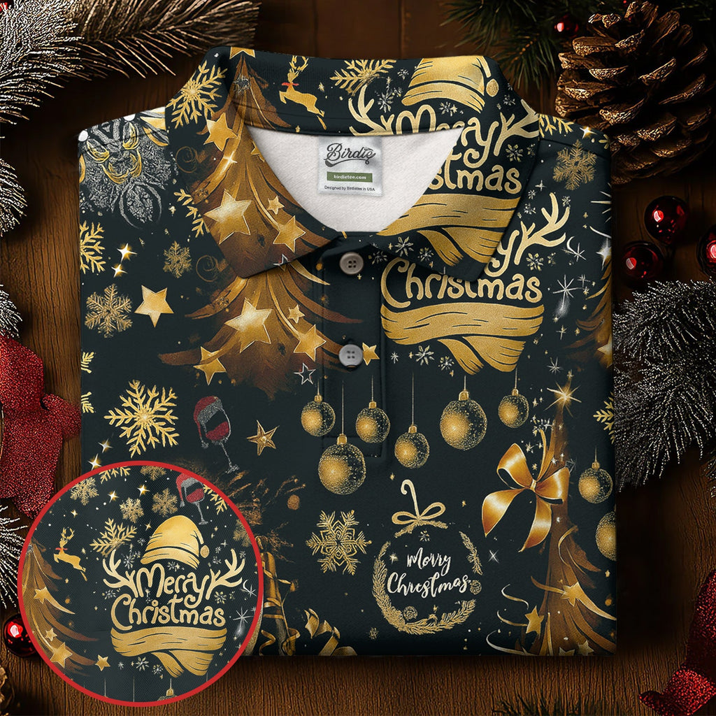 Champagne Golden Merry Christmas Men's Golf Polo Shirts, Christmas Golf Shirt, Golf Gift For Men