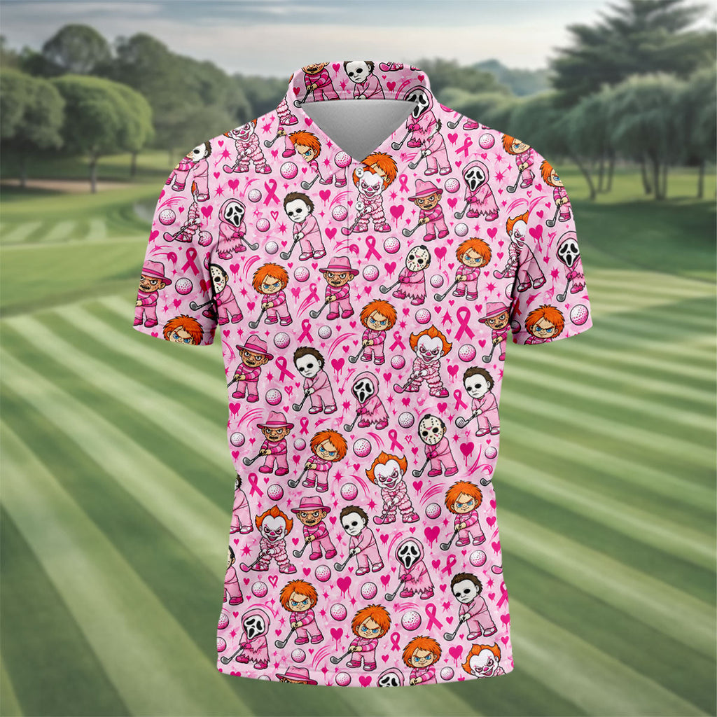 Halloween Horror Character Breast Cancer Polo Shirt, Mens Golf Shirts, Mens Golf Apparel