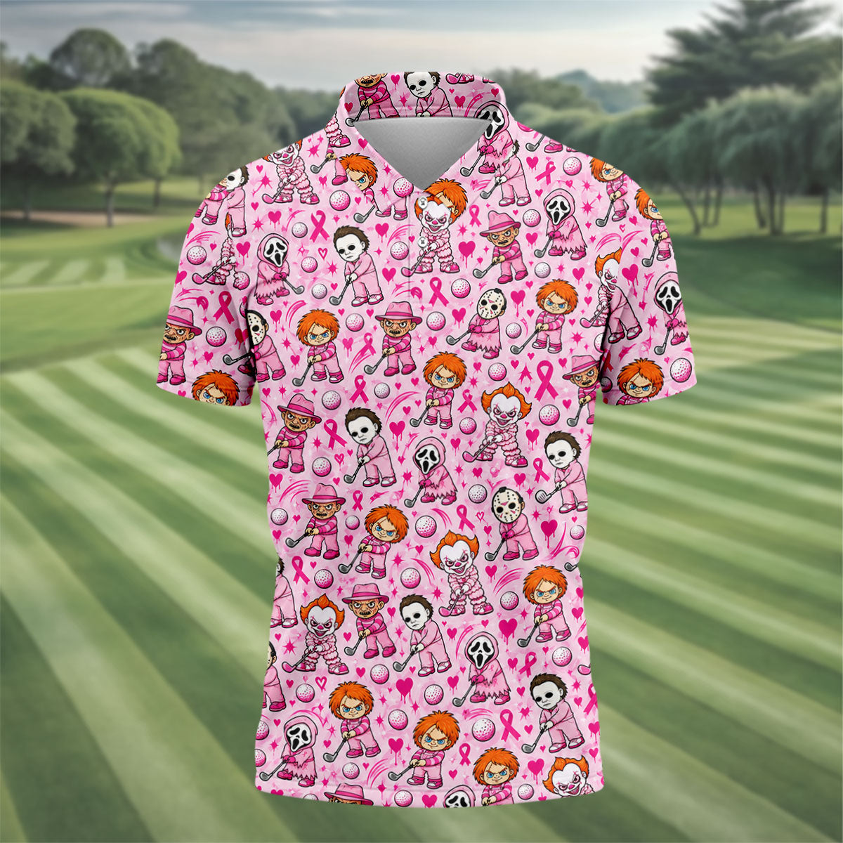 Halloween Horror Character Breast Cancer Polo Shirt, Mens Golf Shirts, Mens Golf Apparel