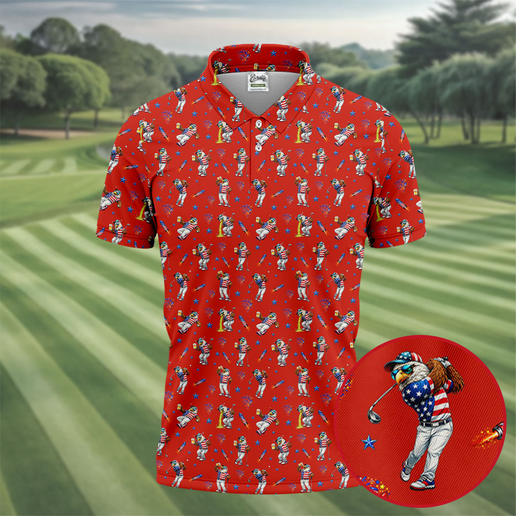 Patriotic Eagle Golf And Beer Funny 4th Of July Red Golf Shirt, 250th Anniversary Golf Shirts For Men