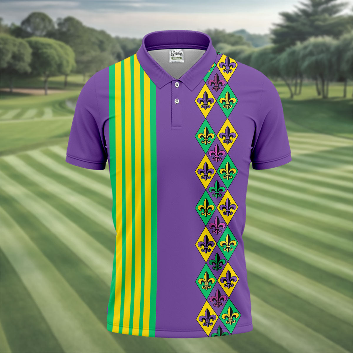 Fleur De Lis Argyle Pattern Purple Green Gold Stripes Golf Tops For Men, Polo Shirts For Men, Golf Shirts For Men