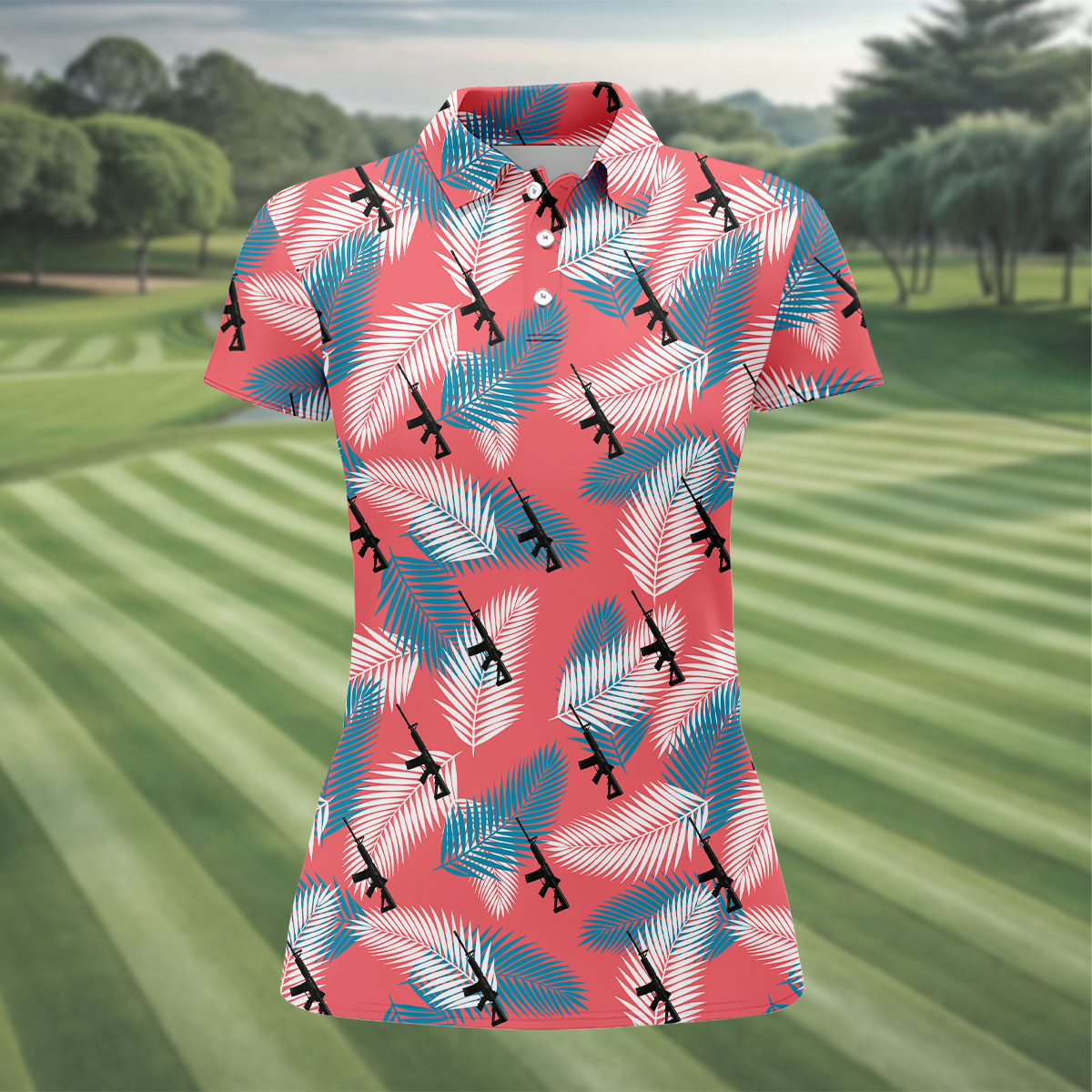 Freedom Lifestyle Green And Pink Hawaiian Golf Shirt, Women's Golf Tops, Ladies Golf Shirt