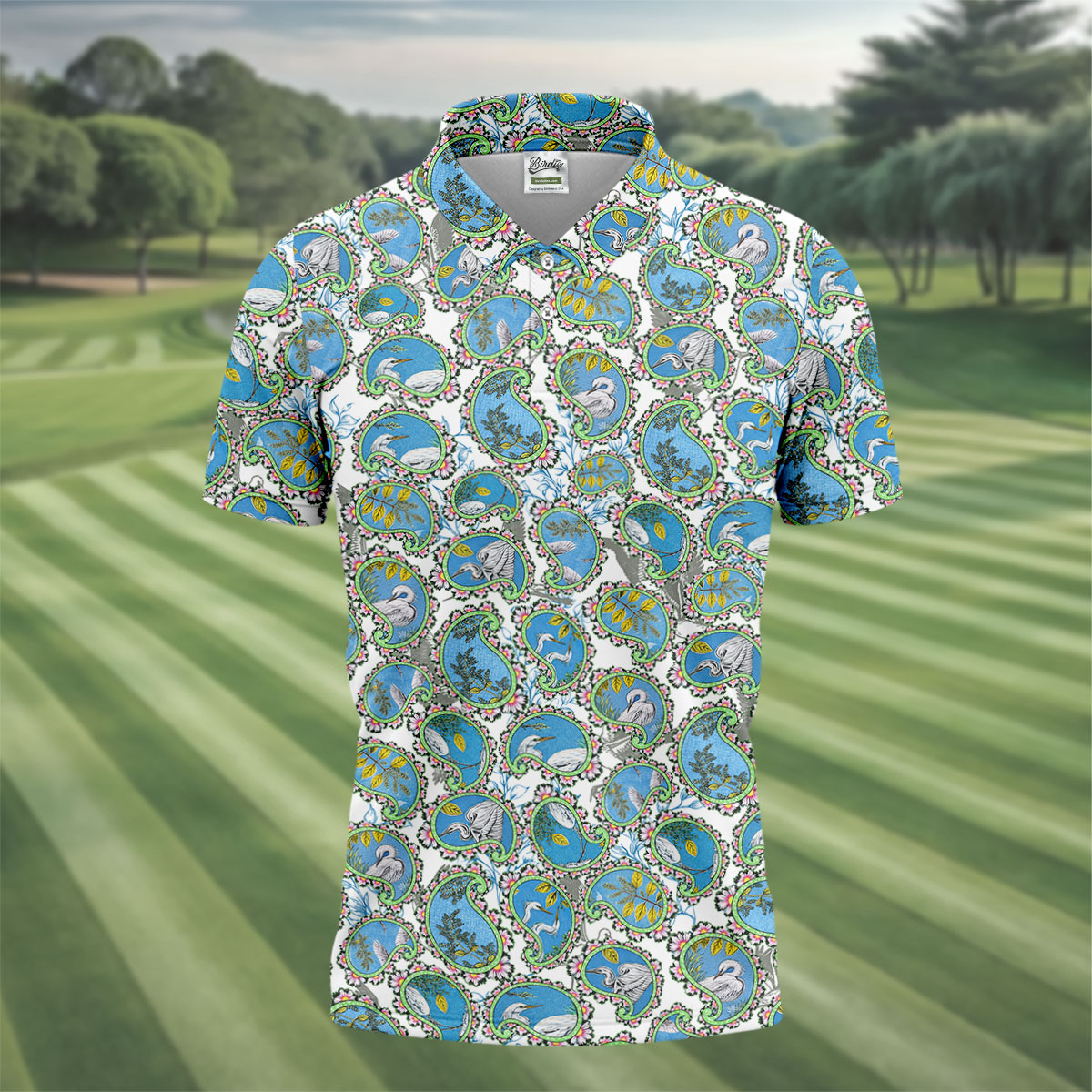Paisley Flowers Heron Painting Print Golf Shirt, Polo Shirts For Men, Golf Shirts For Men