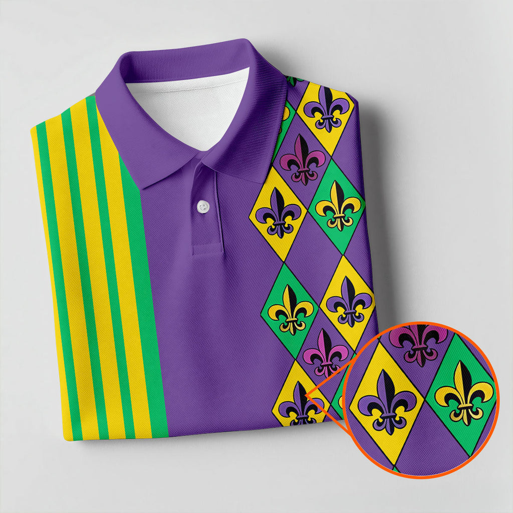 Fleur De Lis Argyle Pattern Purple Green Gold Stripes Golf Tops For Men, Polo Shirts For Men, Golf Shirts For Men