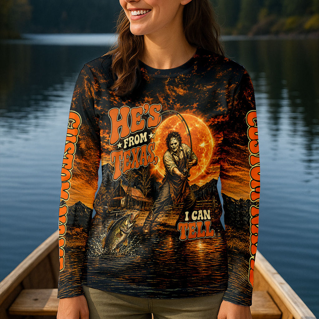 He's From Texas I Can Tell Horror Character UPF Shirt, Womens Fishing Shirt, Halloween Fishing Shirt