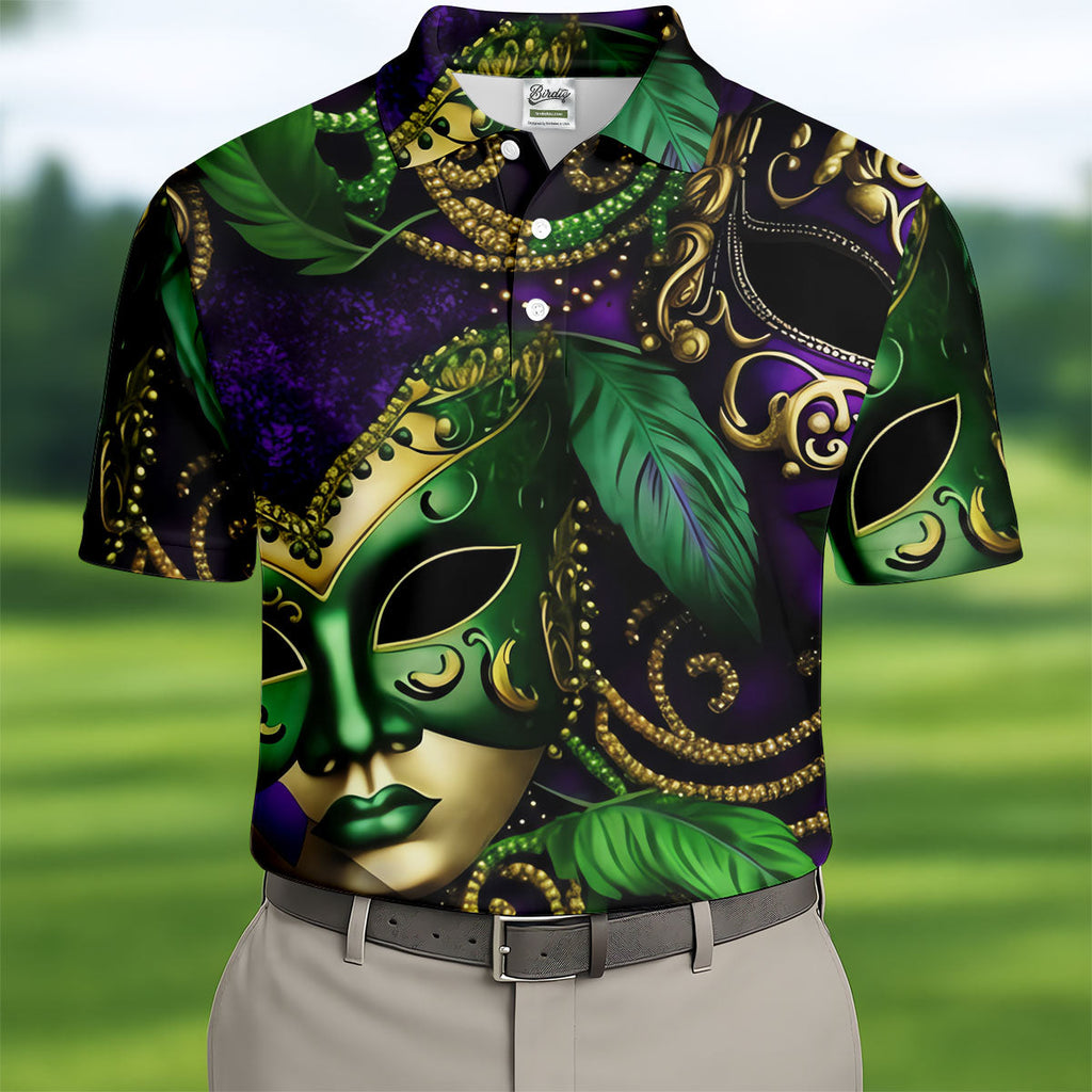 Purple Green Gold Carnival Mask Feather Print Mardi Gras Golf Shirt, Polo Shirts For Men, Golf Shirts For Men
