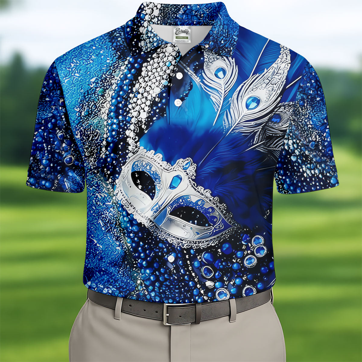 Mardi Gras Masquerade Mask Feather Beads Blue Golf Shirt, Polo Shirts For Men, Golf Shirts For Men