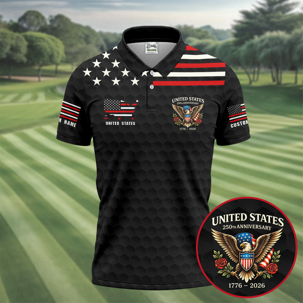 250th Anniversary Bald Eagle And Roses Black Golf Shirt, Patriotic 4th Of July Golf Shirts For Men