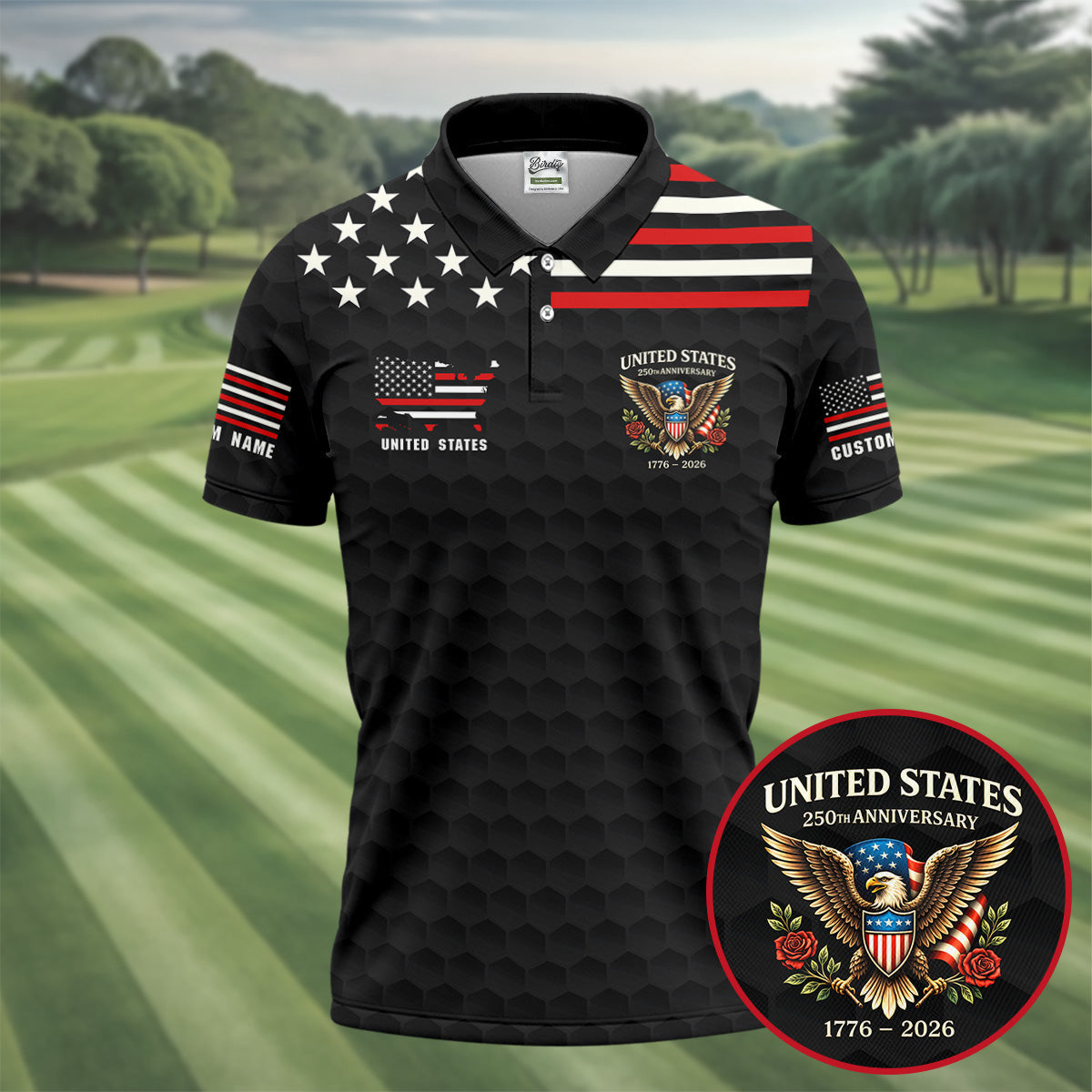 250th Anniversary Bald Eagle And Roses Black Golf Shirt, Patriotic 4th Of July Golf Shirts For Men