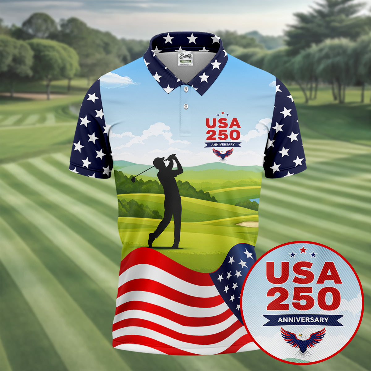 USA 250th Anniversary American Flag Golf Shirt, Patriotic 4th Of July Golf Shirts For Men