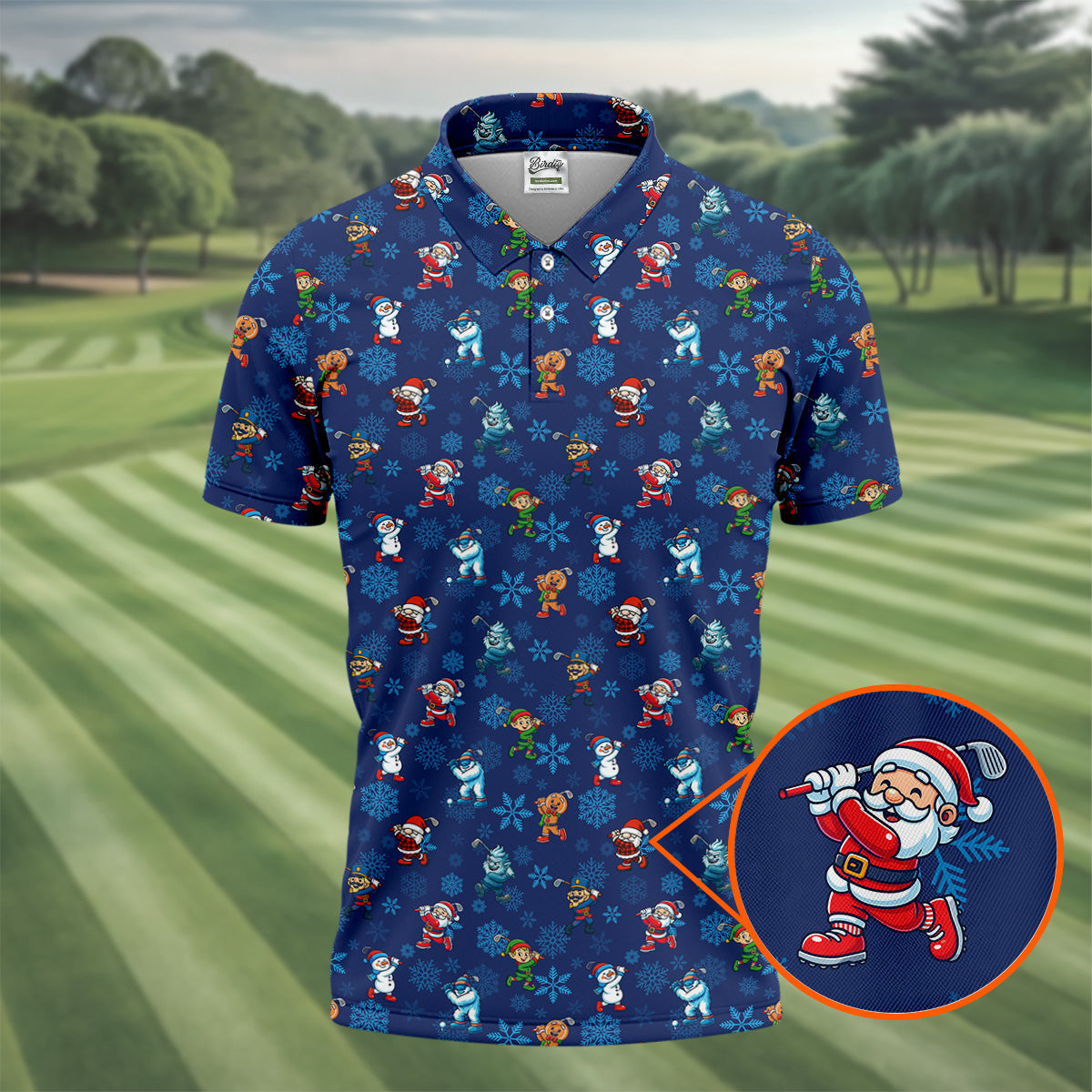 Funny Christmas Characters Golf Pose Navy Golf Shirt, Christmas Golf Shirt, Polo ShirtFor Men