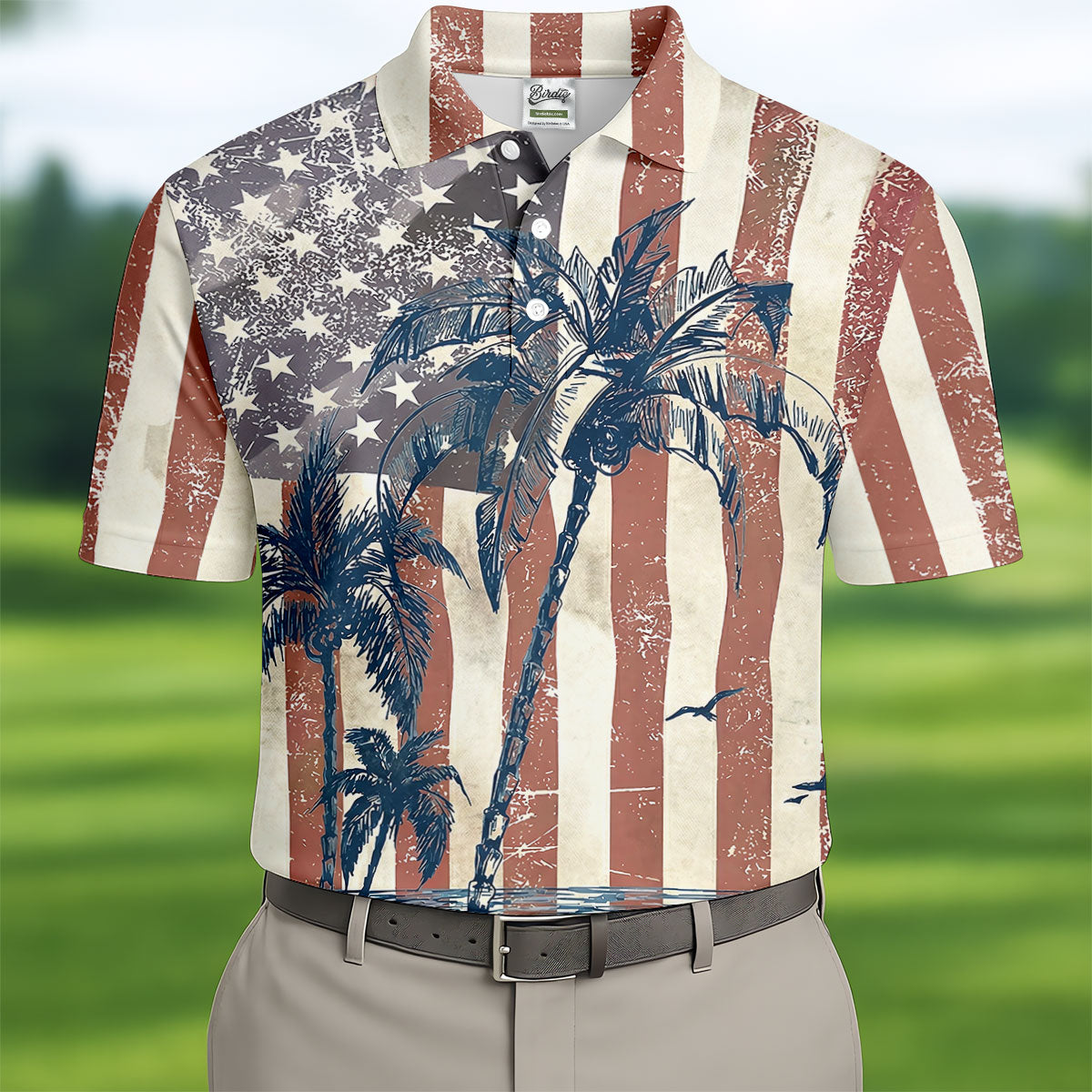 Hawaiian Theme Distressed US Flag Patriotic Golf Shirt, 250 Years 4th Of July Golf Shirts For Men