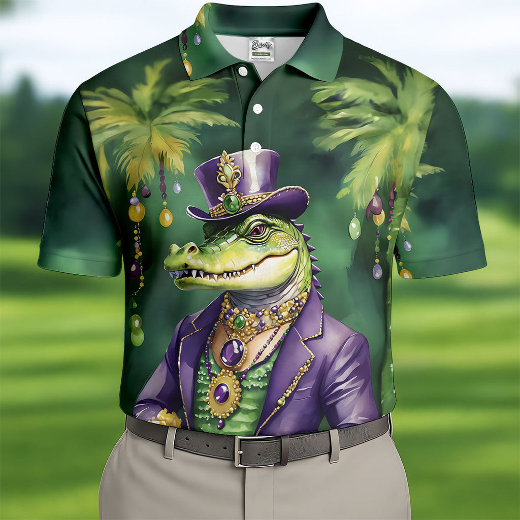 Mardi Gras Alligator Decorated Palm Tree Print Golf Shirt, Polo Shirts For Men, Golf Shirts For Men