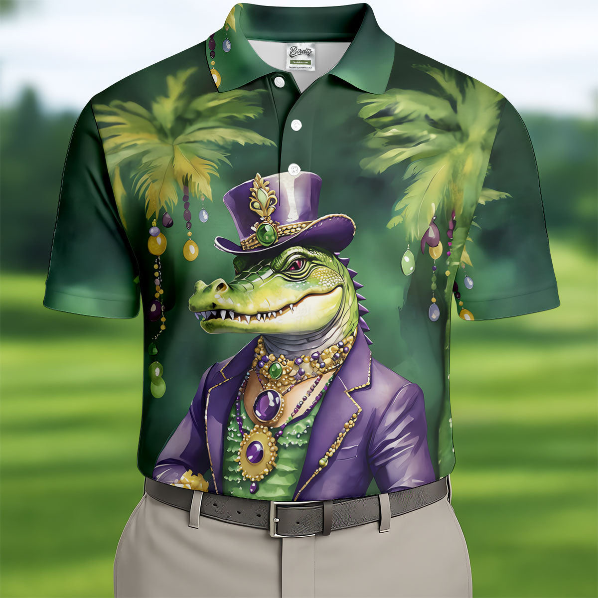 Mardi Gras Alligator Decorated Palm Tree Print Golf Shirt, Polo Shirts For Men, Golf Shirts For Men