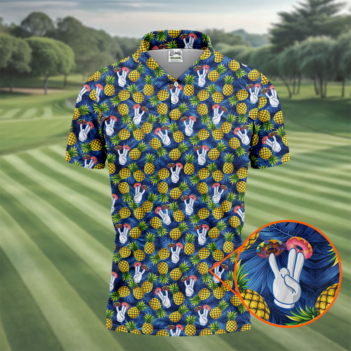 Hawaiian Pineapples Donut Finger Blue Green Yellow Fun Golf Shirts For Men, Polo Shirts For Men